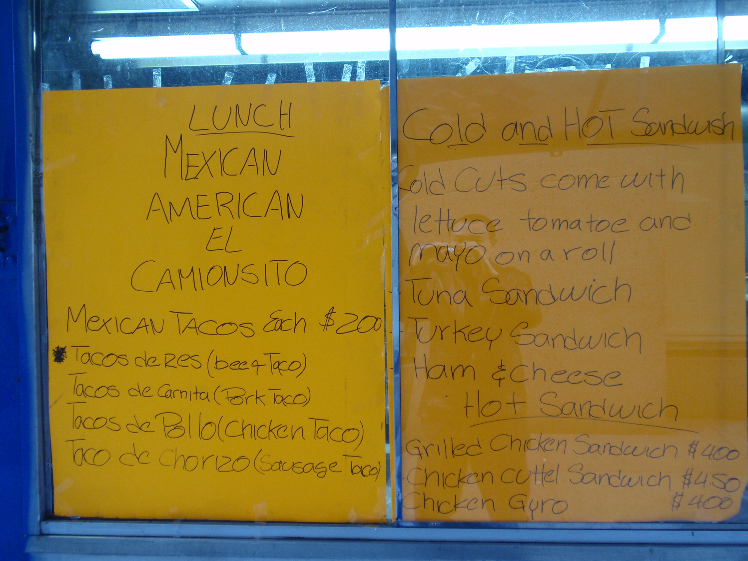 The menu at El Camioncito Taco Truck, courtesy of nomnomnyc.